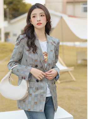 ELLASSAY歌力思春季新款心意虎头提花复古格纹西装女EWV331T00200