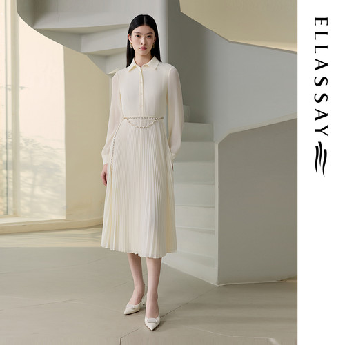 ELLASSAY歌力思早秋新款扦边微褶气质收腰连衣裙女EWU363Y01500
