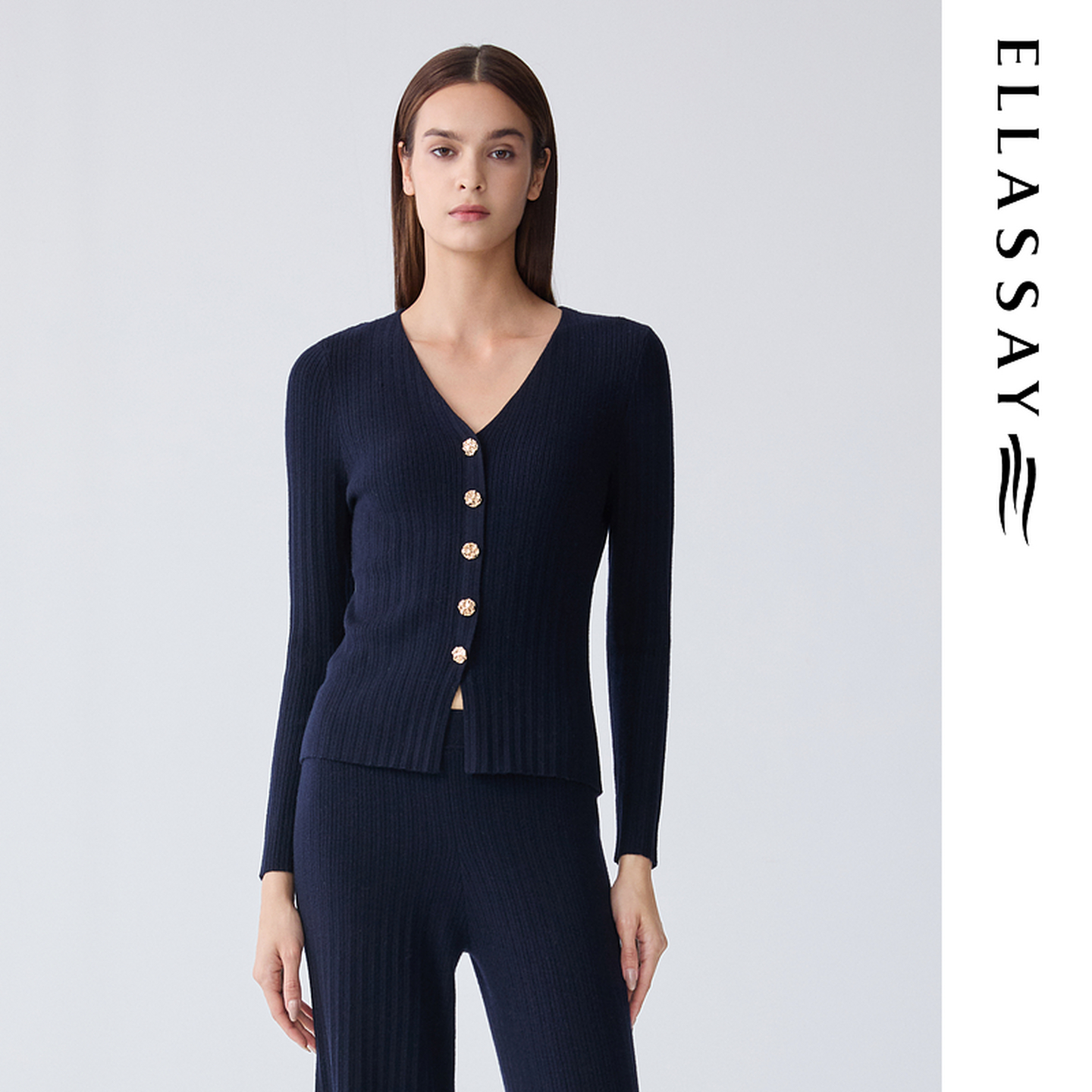 ELLASSAY歌力思2025秋季新款绵羊毛藏蓝V领针织衫女EWD366M087TA