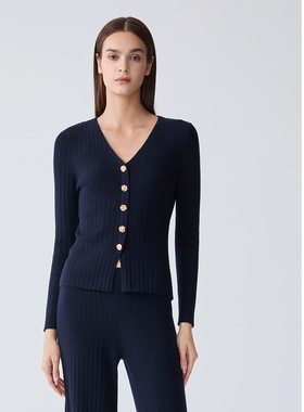 ELLASSAY歌力思2025秋季新款绵羊毛藏蓝V领针织衫女EWD366M087TA