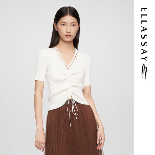 ELLASSAY歌力思夏季新款简约抽绳V领珠饰针织衫女EWE362M09400