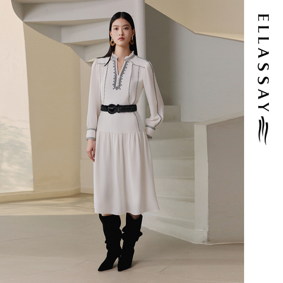 ELLASSAY歌力思早秋新款卷草纹刺绣收腰气质连衣裙女EWB363Y01500
