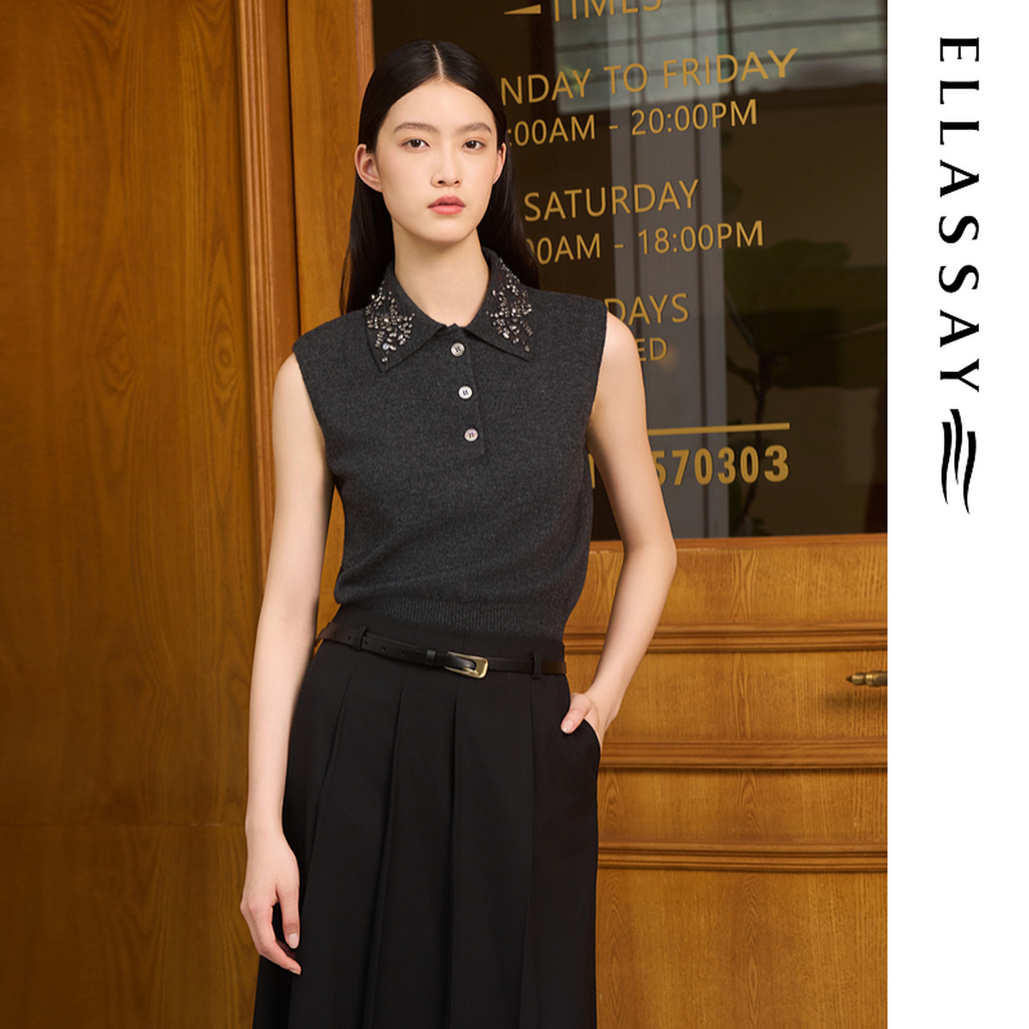 ELLASSAY歌力思2025秋季新款100%绵羊毛翻领针织衫女EWD366M067TA