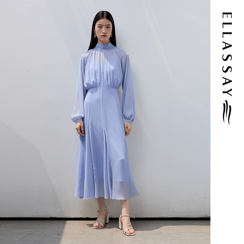 ELLASSAY歌力思春夏新款晨雾蓝调气质收腰连衣裙女EWU363Y00300