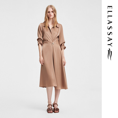 ELLASSAY歌力思春夏新款优雅高级感高腰捏褶连衣裙女EWF352Y04400