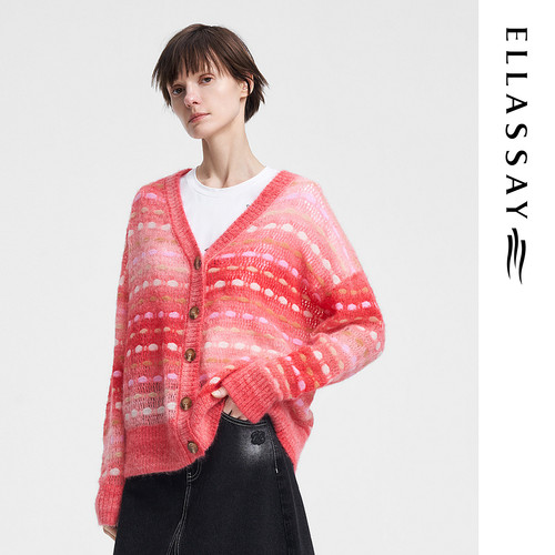 ELLASSAY歌力思春季新款渐变马海毛纱V领针织衫女EWV351M01900