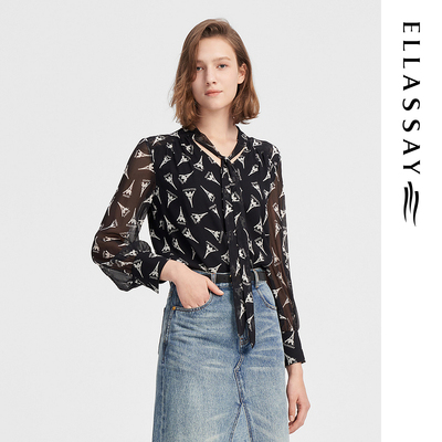ELLASSAY歌力思秋季新款铜氨丝法式印花衬衫女EWW343C00500