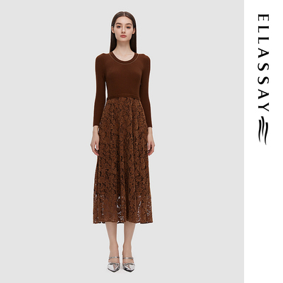 ELLASSAY歌力思春季新款圆领针织蕾丝连衣裙女EWD351Y10800