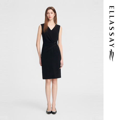 ELLASSAY歌力思秋季新款三醋酸褶皱法式背心连衣裙女EWE353Y04000
