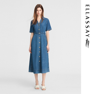 ELLASSAY歌力思秋季新款牛仔法式复古连衣裙女EWE353N00400