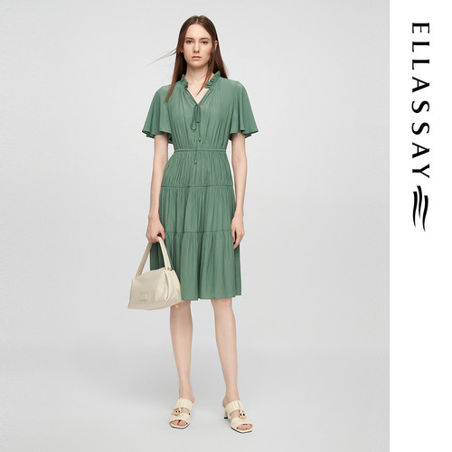 ELLASSAY歌力思夏季新款法式木耳边V领短袖连衣裙女EWE362Y06600
