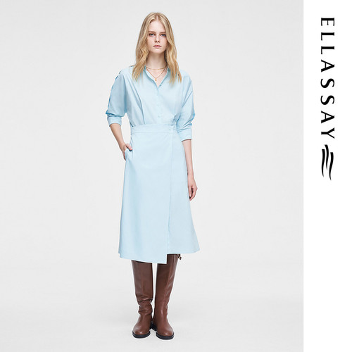 ELLASSAY歌力思2026棉春季新款尼斯蓝气质衬衫连衣裙EWW351Y04700
