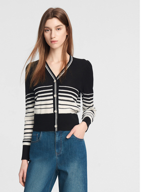 ELLASSAY歌力思秋季新款绵羊毛复古黑白条纹针织衫女EWE353M03200