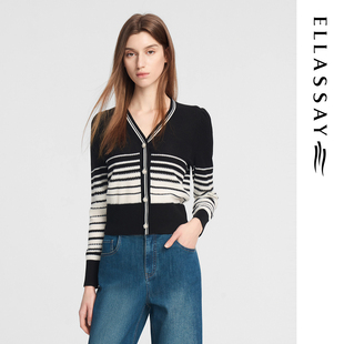 ELLASSAY歌力思秋季新款绵羊毛复古黑白条纹针织衫女EWE353M03200