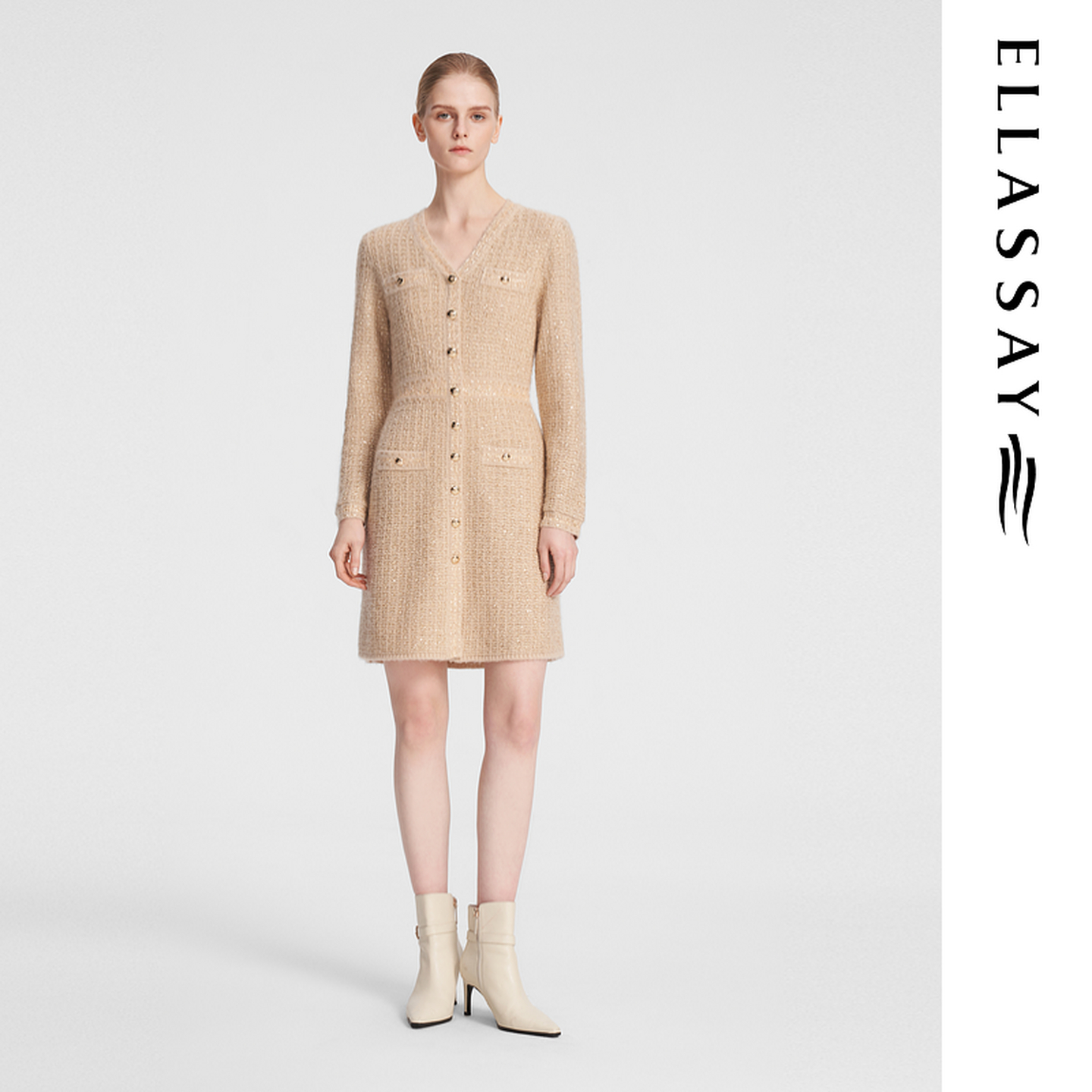 ELLASSAY歌力思秋冬新款绵羊毛金葱丝纱线连衣裙女EWF354M08700