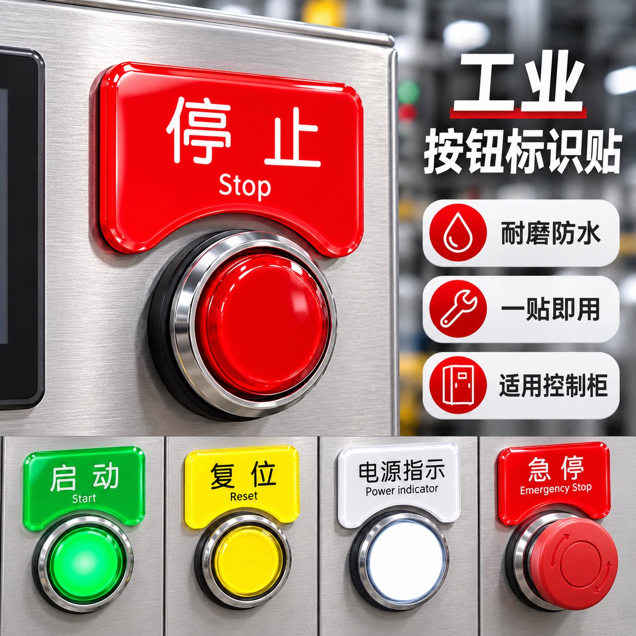 亚克力机械电气按钮标识贴定制水晶面标签贴控制柜电箱紧急停止电源开关启动复位指示灯标志设备状态标识贴牌