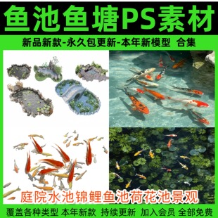 池塘PS素材 庭院水池锦鲤鱼池荷花池景观石头效果图鸟瞰图PSD免扣