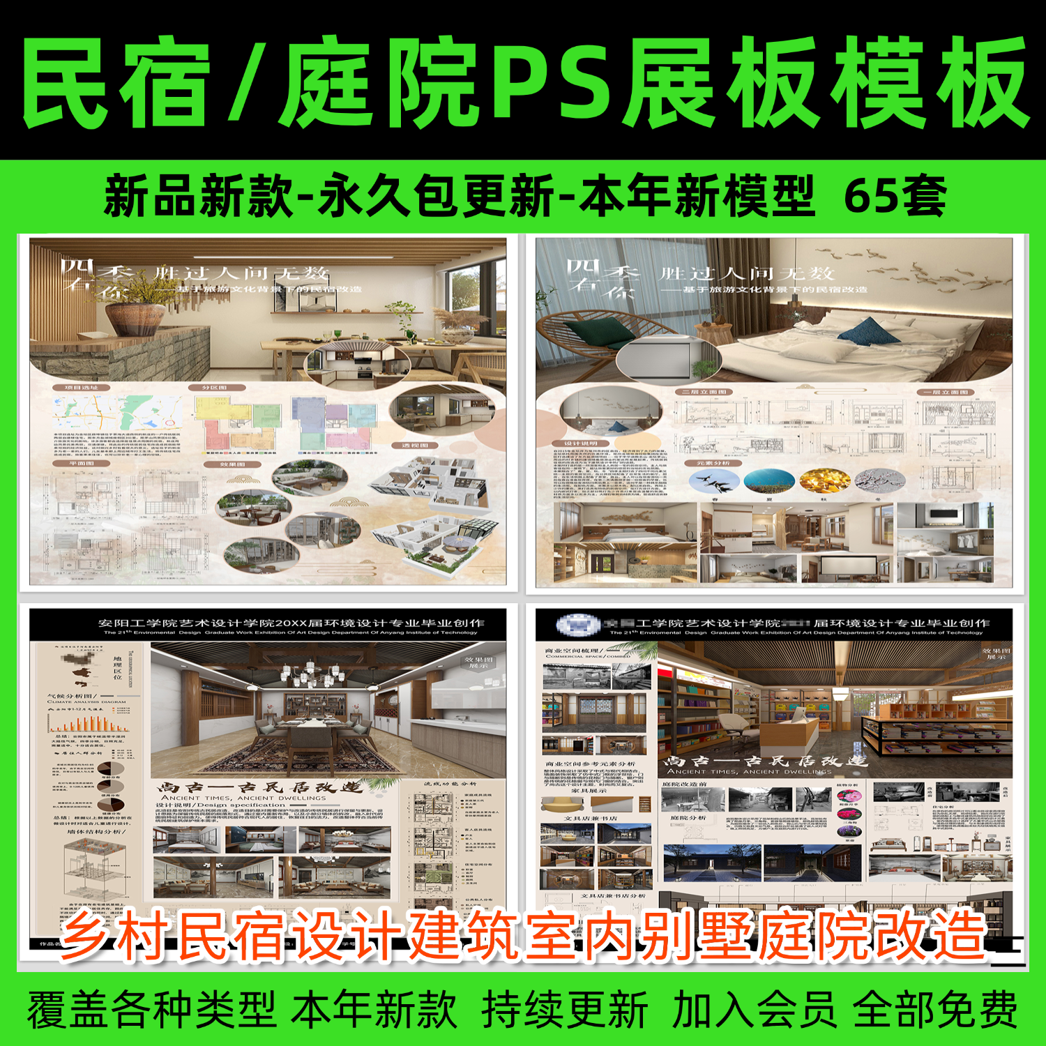 乡村民宿设计建筑室内别墅庭院改造分析图素材PSD排版模板PS展板