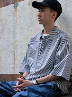 NUMBERSALT盐号日系复古黑白条纹工装衬衣短袖休闲宽松免烫polo衫