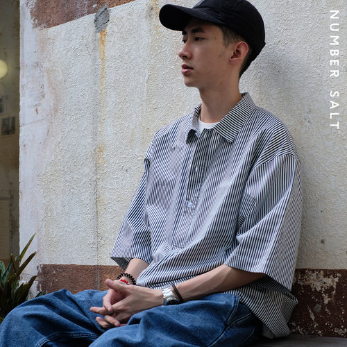 复古黑白条纹宽松免烫polo衫工装