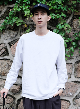 NUMBERSALT盐号日系宽松纯棉黑白长袖T恤男纯色百搭小领口打底衫