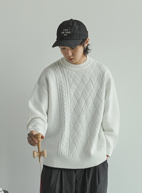 NUMBERSALT盐号22AW日系秋冬休闲宽松套头圆领麻花保暖长袖毛衣男