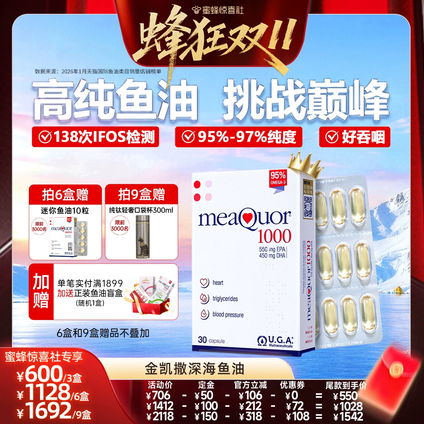 【蜂狂双11】金凯撒鱼油95%高纯度深海鱼油omega3成人DHA欧米茄3