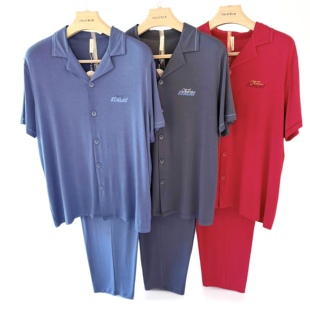 休闲睡衣家居服套装 长裤 6A257 竹纤维国民领短袖 意大莱春夏男士
