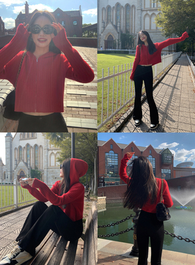 pusumede红色短款连帽针织开衫女设计感拉链薄款外套休闲慵懒上衣