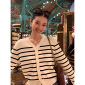 条纹v领毛衣开衫 pusumede 韩杂封面 女外穿显瘦休闲气质针织上衣