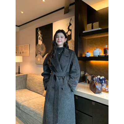 pusumede 布里斯托 气质双面呢羊毛大衣女中长款系带收腰毛呢外套