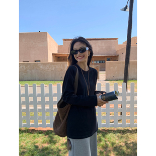 黑色圆领套头针织上衣纯棉长袖 高分实穿 t恤 现货7折 pusumede