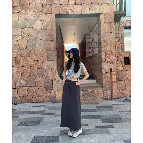 pusumede 黑色针织半身裙女松紧腰包臀直筒长裙宽松休闲百搭裙子