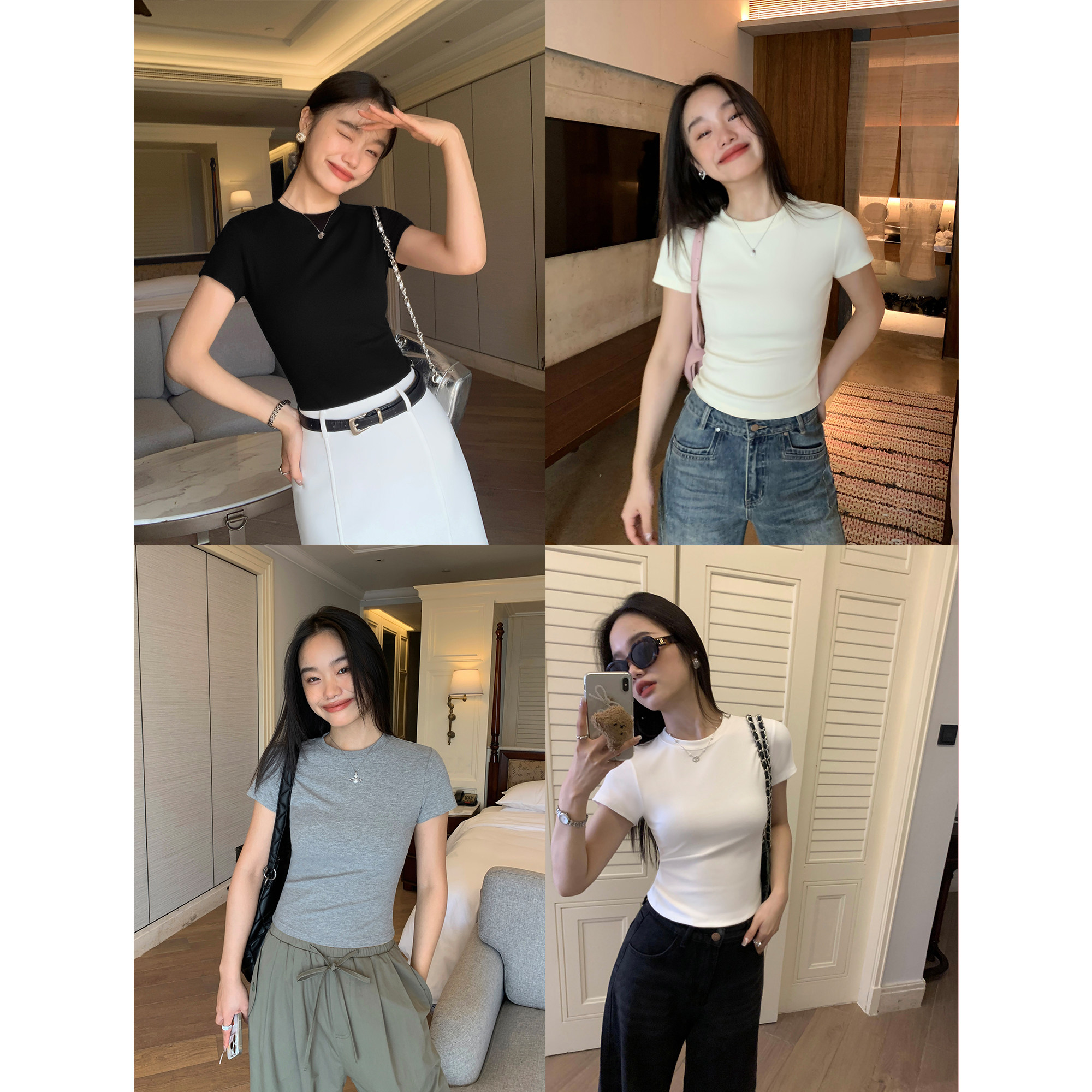 pusumede 正肩短袖T恤女圆领2025夏季新款纯色修身韩版短款上衣,女装/女士精品,T恤,淘宝优惠券,粉丝福利购,淘宝优惠卷