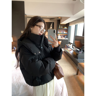 轻盈智系黑色立领连帽短款羽绒服