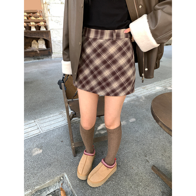 pusumede 复古格子半身裙女秋冬设计感小众高腰裤裙百搭a字短裙