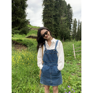 pusumede 蓝色减龄牛仔背带裙女秋气质百搭连衣裙韩系a字包臀短裙