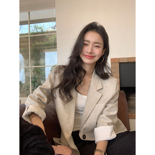 pusumede通勤老钱风100%亚麻西装 外套女高级感轻薄廓形宽松小西服