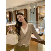 pusumede 外套上衣 女宽松气质薄款 复古收藏家 V领假两件针织开衫