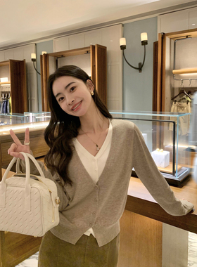 pusumede 复古收藏家 V领假两件针织开衫女宽松气质薄款外套上衣