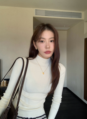 pusumede黑色半高领针织打底衫女秋冬新款内搭百搭修身长袖上衣