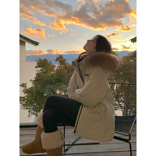 pusumede可拆卸毛领连帽羽绒服女冬季加厚保暖宽松工装派克服外套