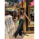 女宽松直筒小个子休闲裤 蓝色复古阔腿牛仔裤 子 焦点牛仔 pusumede