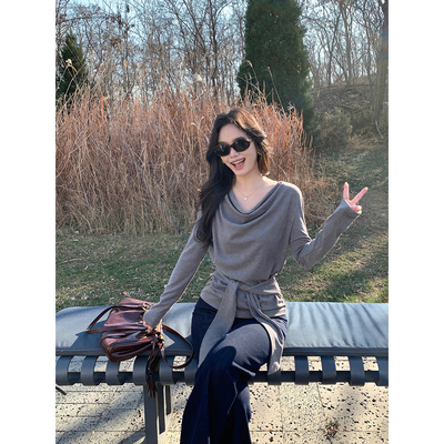 pusumede 文艺质感 荡领长袖针织衫女设计感不规则绑带宽松上衣