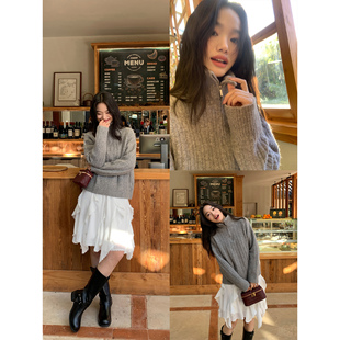 长袖 灰色半拉链高领毛衣女外穿新款 针织上衣 现货7折 pusumede