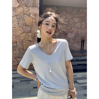 纸片人基础款V领短袖T恤女正肩