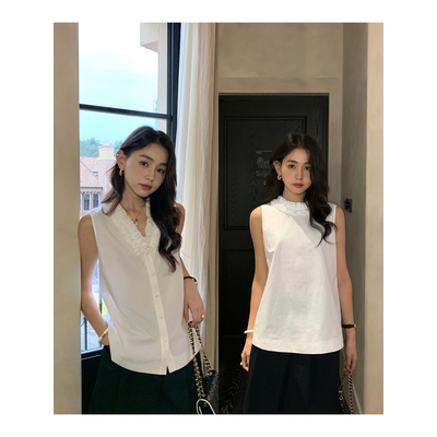pusumede两面穿v领/圆领木耳边无袖衬衫女法式气质设计感宽松上衣