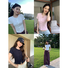 pusumede少女小花边~圆领短袖t恤女单排扣针织开衫气质正肩上衣