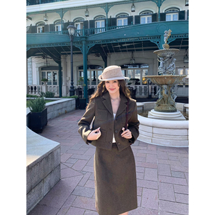 外套女垂感毛呢直筒半身裙套装 优雅翻领羊毛西装 波尔多 pusumede