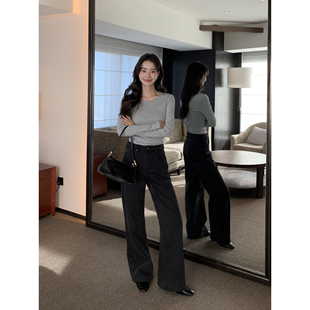 pusumede【现货6.5折】黑色加绒牛仔裤女百搭阔腿裤宽松直筒裤